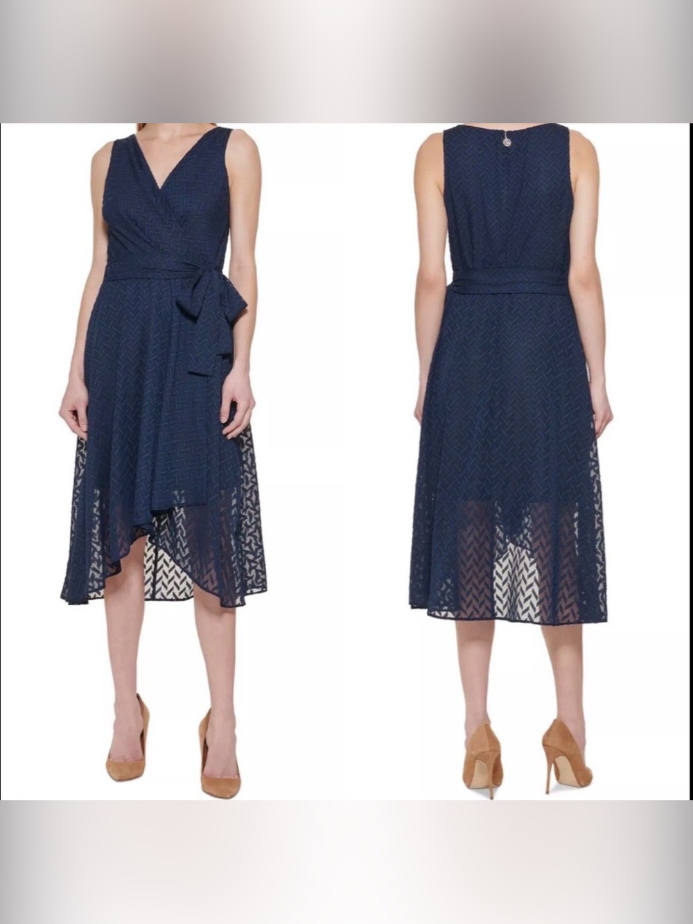Tommy Hilfiger Woven Wrap Surplice Neckline Midi Chiffon Dress Navy Blue Size 2